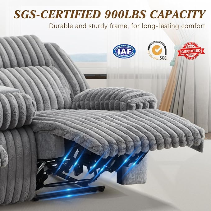 Oversized Reclining Sofa Set with Hidden Cup Holders & Wireless Charger, Manual Double Recliner Sofa, Wall Hugger Recliner Couch with USB Ports for Living Room (Gray, Loveseat+Sofa)