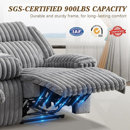 Oversized Reclining Sofa Set with Hidden Cup Holders & Wireless Charger, Manual Double Recliner Sofa, Wall Hugger Recliner Couch with USB Ports for Living Room (Gray, Loveseat+Sofa)
