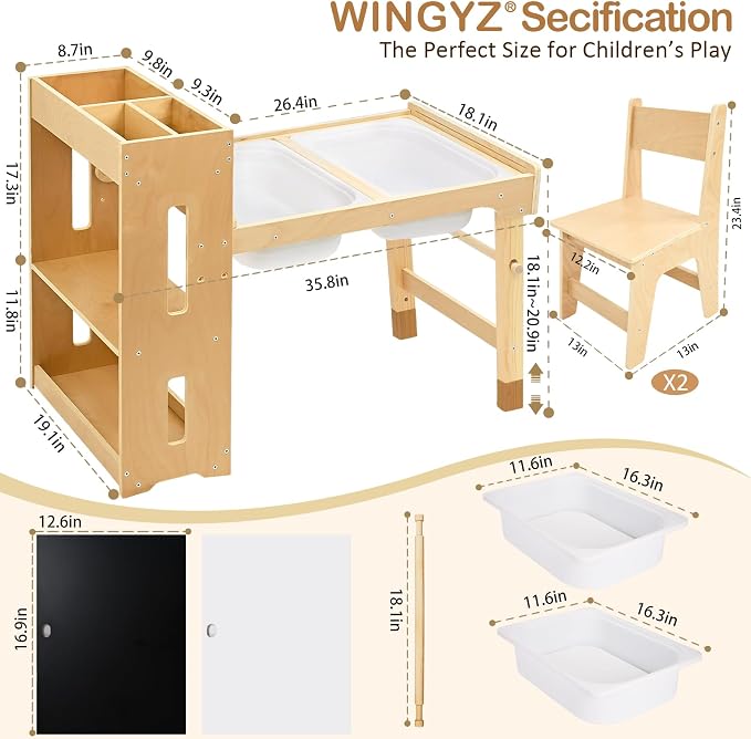 WINGYZ 6 in 1 Kids Art Table and Chairs, Sensory Table and 2 Chairs Height Adjustable, Graffiti Tabletop Toddler Activity Table with Storage Cabinet & Bins, Kids Art Desk with Paper Roll Ages 2-8 Gift