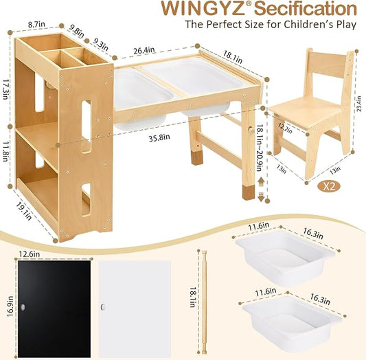 WINGYZ 6 in 1 Kids Art Table and Chairs, Sensory Table and 2 Chairs Height Adjustable, Graffiti Tabletop Toddler Activity Table with Storage Cabinet & Bins, Kids Art Desk with Paper Roll Ages 2-8 Gift