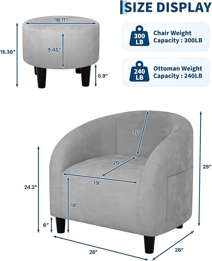 GarveeHome Chair and Ottoman Set, Modern Velvet Barrel Armchair for Living Room, Comfortable Side Chair with Footrest for Apartment Small Space, Grey
