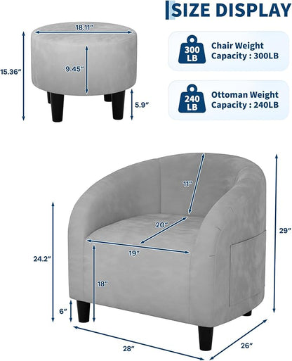 GarveeHome Chair and Ottoman Set, Modern Velvet Barrel Armchair for Living Room, Comfortable Side Chair with Footrest for Apartment Small Space, Grey