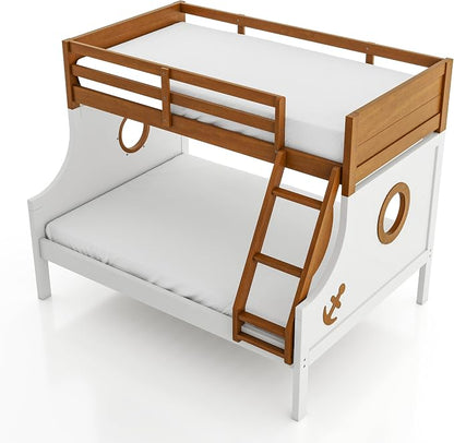Furniture of America Kirsen Modern Solid Wood Twin Over Full Bunk Bed, No Box Spring Required, Boat Theme, for Kids, Boys, Girls, Bedroom, Dorm, Oak/White, No Trundle