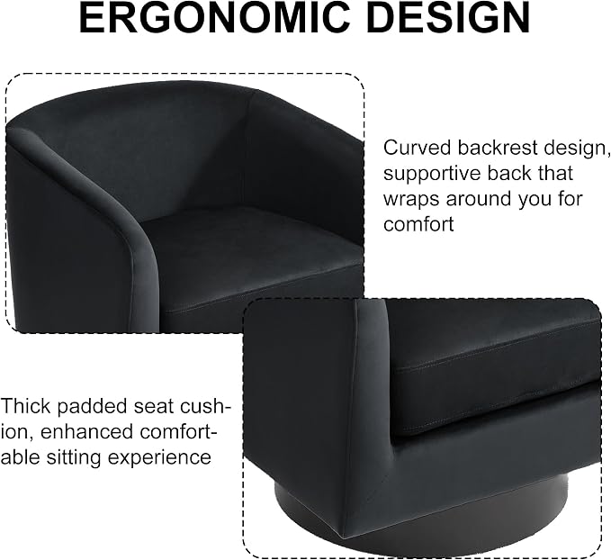 Swivel Barrel Accent Chair, Modern Round Chenille Fabric Arm Chair for Living Room, Bedroom, Comfy Club Reading Chairs for Adults（Velvet Black, Set of 4