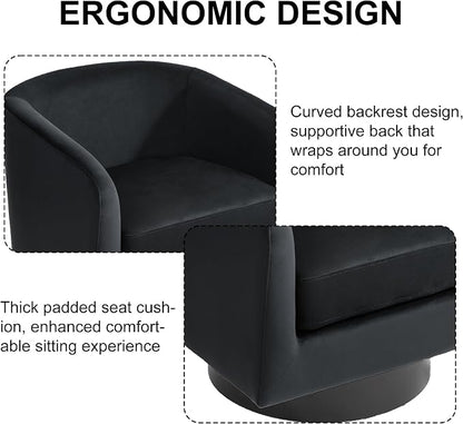 Swivel Barrel Accent Chair, Modern Round Chenille Fabric Arm Chair for Living Room, Bedroom, Comfy Club Reading Chairs for Adults（Velvet Black, Set of 4
