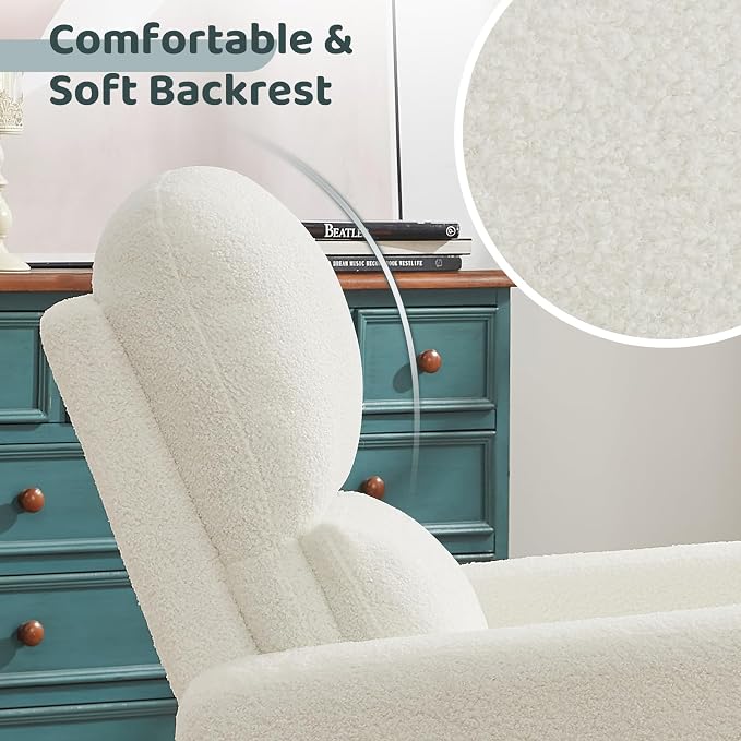 Power Swivel Rocker Recliner, Oversized Boucle Nursery Glider Recliner, Teddy Swivel Rocking Reclining Chair with Removable Cushion and Lumbar Support for Nursery Living Room Bedroom, White