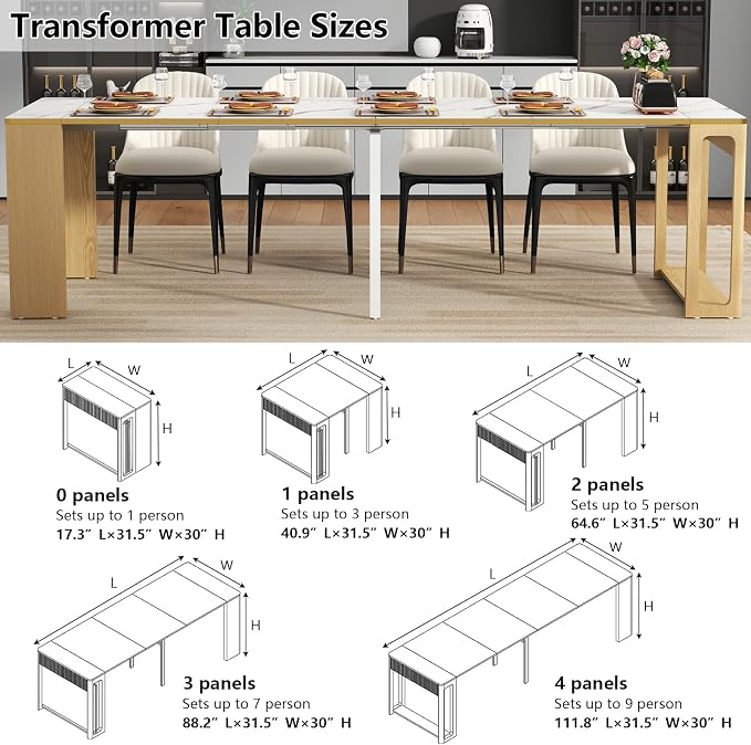 Extendable Dining Table, Transformer Folding Console Table for 2-8 People, 17"-112" Space Saving Dining Room Table, Wood White Faux Marble Dining Table, Kitchen and Dining Room Furniture (No Chairs)