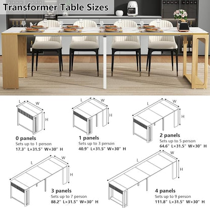 Extendable Dining Table, Transformer Folding Console Table for 2-8 People, 17"-112" Space Saving Dining Room Table, Wood White Faux Marble Dining Table, Kitchen and Dining Room Furniture (No Chairs)