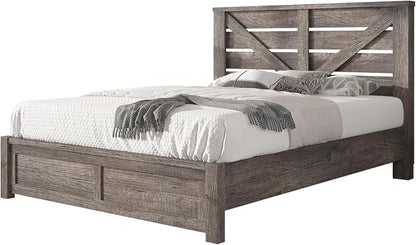 AMERLIFE Full Size Bed Frame with 49.2" Barn Door Headboard and Footboard, Farmhouse Platform Bed Frame with Wood Slats, No Box Spring Needed, Under Bed Storage, Rustic Gray