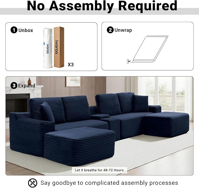 ivoros 150 Inch Modular Sectional Sofa Couch, Oversized Modern Cloud Couch for Living Room, U Shape Couches with 2 Ottomans, USB Ports and Cup Holders, Blue Corduroy Boneless Sofas,Sofa in a Box
