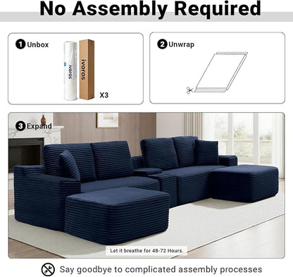 ivoros 150 Inch Modular Sectional Sofa Couch, Oversized Modern Cloud Couch for Living Room, U Shape Couches with 2 Ottomans, USB Ports and Cup Holders, Blue Corduroy Boneless Sofas,Sofa in a Box