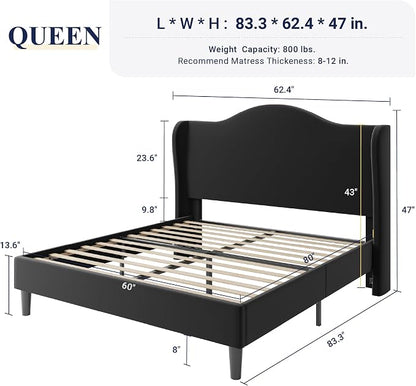 Allewie Queen Size Bed Frame, Upholstered Wingback Platform with 47" Tall Tufted Headboard, Plush Velvet Fabric, Modern Minimalist Design, No Box Spring Required, Tool-Free Assembly, Black