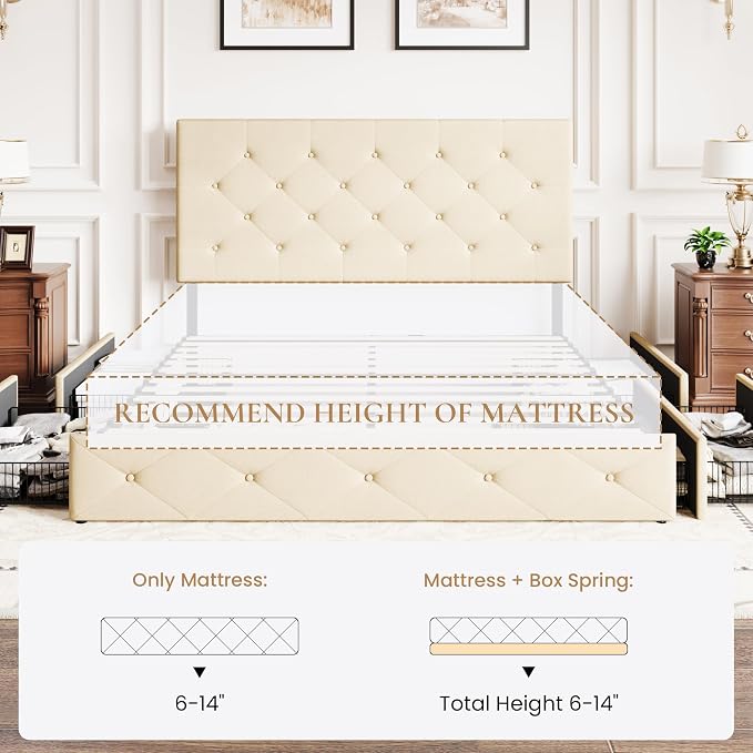 SHA CERLIN Upholstered Queen Size Platform Bed Frame with 4 Storage Drawers, Adjustable Headboard with Diamond Stitched Button Tufted Design, Wooden Slat Support, No Box Spring Needed, Beige