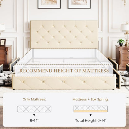 SHA CERLIN Upholstered Queen Size Platform Bed Frame with 4 Storage Drawers, Adjustable Headboard with Diamond Stitched Button Tufted Design, Wooden Slat Support, No Box Spring Needed, Beige