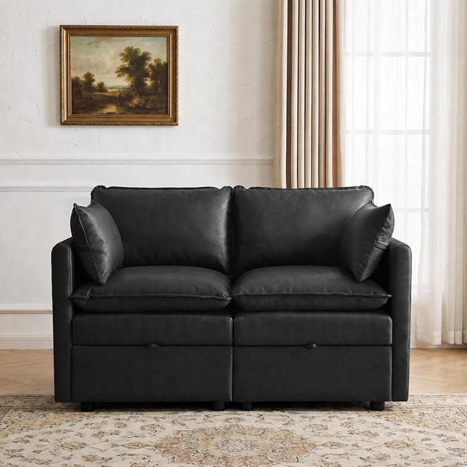 55" Black Faux Leather Storage Loveseat Sofa, Upholstered 2 Seater Sofa | Modern Deep Seat Cloud Sofa Chair, Small Love Seat Comfy Modular Sectional Sofa for Living Room, Bedroom, Small spaces