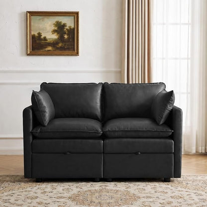 55" Black Faux Leather Storage Loveseat Sofa, Upholstered 2 Seater Sofa | Modern Deep Seat Cloud Sofa Chair, Small Love Seat Comfy Modular Sectional Sofa for Living Room, Bedroom, Small spaces