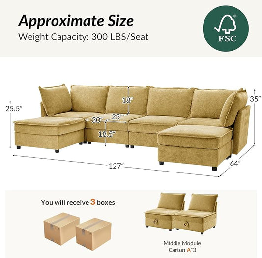 HULALA HOME 127'' Modular Sectional Sofa, Oversized U Shaped Couch with Storage Ottoman, Comfy Chenille Sofa with Deep Seat, 6 Seat Convertible Couches for Living Room, Cream