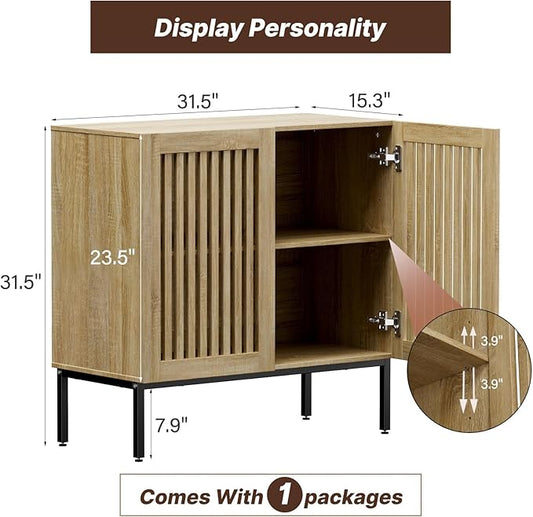 BVIUNTWO Buffet Cabinet with Storage,31.5" Farmhouse Console Table with Metal Base and Adjustable Shelf,Sideboard Coffee Bar Cabinet with 2 Doors for Kitchen,Dining Room,Living Room,Oak