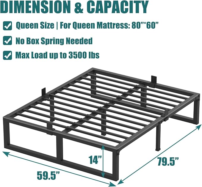Yitong Angel 14 Inch Queen Bed Frame,3500 lbs Heavy Duty Metal Platform, Steel Slats Support/No Box Spring Needed/Noise Free/Non-Slip/Easy Assembly