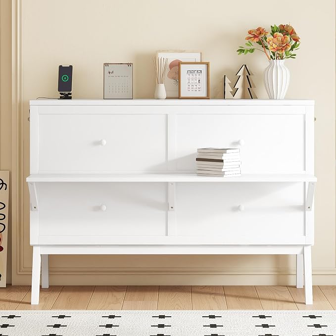 PVWIIK Queen Size Murphy Bed with Desk and Removable Shelves on Each Side,Solid Pine Cabinet Bedframe for Home Office, Guest Room,Multifunctional Bed,White
