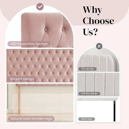 Upholstered Queen Headboard Only, Premium Velvet Button Tufted Headboards, Adjustable Solid Wood Head Board, Padded Headboard with Solid Wood Legs in Bedroom (Pink)