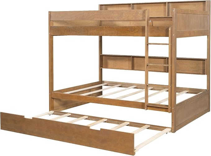 Harper & Bright Designs Rustic Wood Bunk Bed with Pull-Out Trundle, Twin Over Twin Wooden Bunk Bed with Large Cabinet Beside Upper and Down Bed, Wood