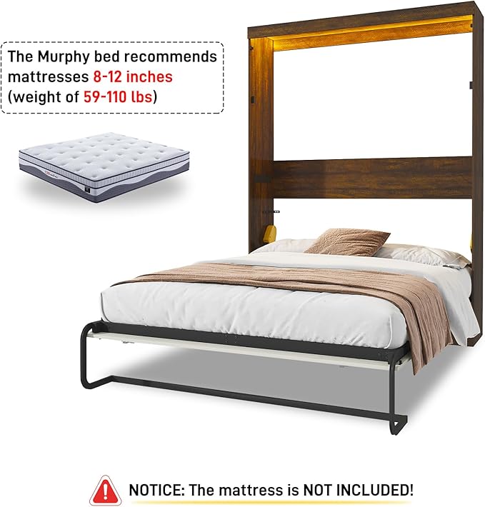 Hlivelood Queen Size Murphy Bed with 2 LED Lights, Farmhouse Wood Hidden Foldable Wall Bed Frame w/Gas Struts, Storage Bed Cabinet for Bedroom, Office, Space-Saving, No Box Spring Needed, Rustic White