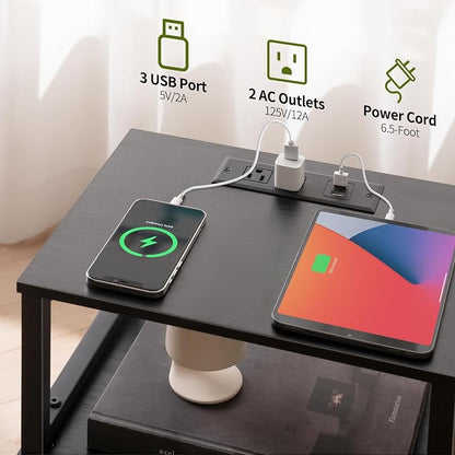 Yoobure Farmhouse NightStand with Charging Station，Wood Night Stand End with USB Ports, LED Bed Side Table with Storage Cabinet，Bedside Table for Bedroom, Living Room Black