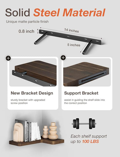 BATODA Acacia Wood Corner Floating Shelf 17” x 12”- Corner Shelf Wall Mounted - Floating Book Shelves for Wall - Corner Shelf for Home, Kitchen - with Brackets and Hardware (Walnut Color, 17" x 12")