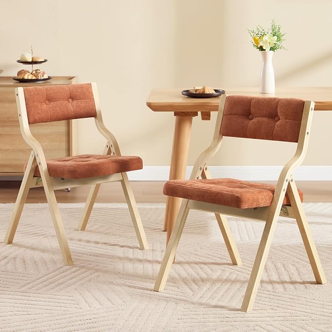 2-Pack Folding Dining Chairs with Cushion,Padded Foldable Dining Chairs,Portable Wooden Folding Chairs with Tufted Buttons Seat for Dining Rooms Kitchen Wedding and Party Indoor Orange