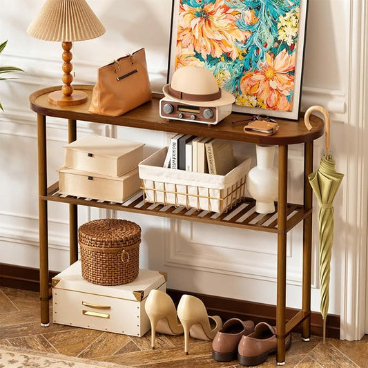 Farmhouse Entryway Table Bamboo 39.4", Narrow Console Table Oval Top, Behind Sofa Table with Anti-fall Edge, TV Stand for Living Room, Indoor Outdoor Plant Stand, 5min Easy Assembly, Dark Walnut