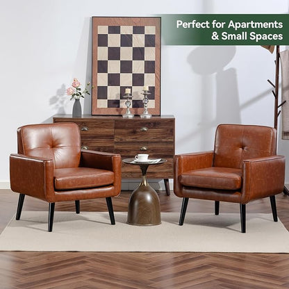 Vogue Furniture Direct Mid Century Accent Chair, PU Leather Modern Chair with Wooden Frame, Cozy Armchair Reading Chair with Comfy Back for Apartment, Living Room, Bedroom, Small Space, Corner, Brown
