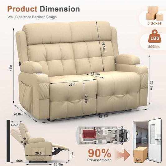Loveseat Recliner Sofa, Home Theater Seating with Massage, Reclining Loveseats with Console, Wall Hugger RV Couch Movie Theater Chairs, RV Furniture Sofas with USB, Cup Holders, Drawer for Gaming Room