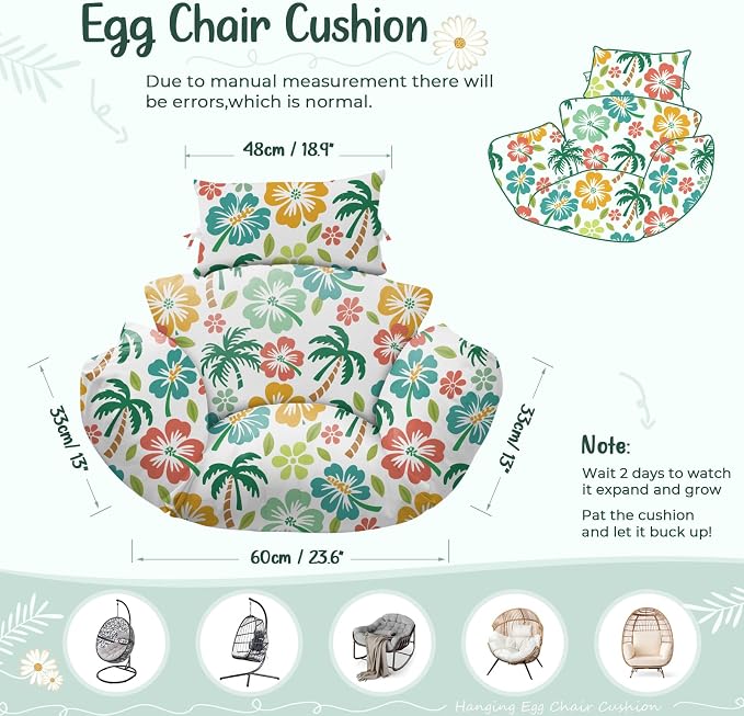 Waterproof Egg Chair Cushion Replacement 47x31.5x4.7 inch Thicken Hanging Egg Swing Chair Cushion Indoor Outdoor Wicker Rattan Hammock Basket Cushion with Headrest Pillow, Green Coconut Tree