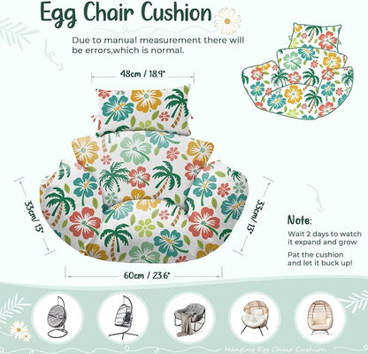 Waterproof Egg Chair Cushion Replacement 47x31.5x4.7 inch Thicken Hanging Egg Swing Chair Cushion Indoor Outdoor Wicker Rattan Hammock Basket Cushion with Headrest Pillow, Green Coconut Tree