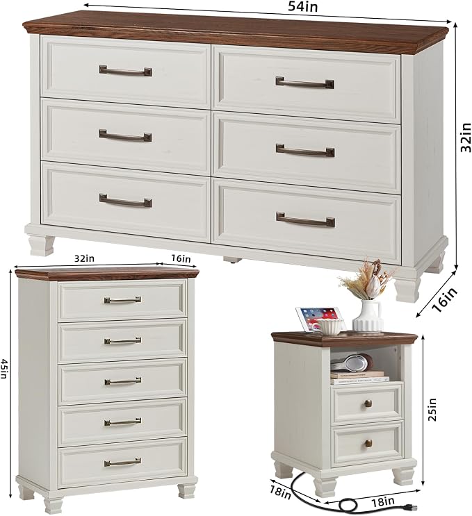 SAVOR LIFE Farmhouse Bedroom Dresser and Nightstand Sets 4 Piece, 5/6 Drawer Dresser & 2 Drawer Nightstand Set for Home, Bedroom, Hallway, White