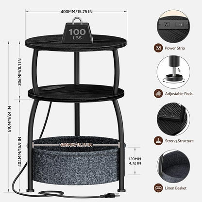 Round Side Table with Charging Station, USB Type C Port, Black | Round End Table with Basket for Living Room, Space Saving, Tall Night Stand for Bedroom Dorm,15.75in Metal and Wood, Rustic