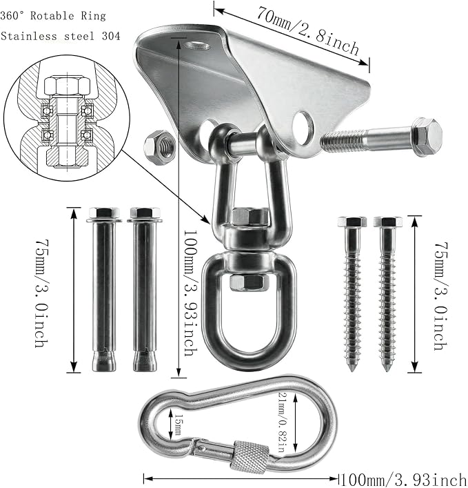 Arlai Hanging Chair Hardware Hanging Kit - Heavy Duty 360° Rotate Ultra Durable Hooks for Swing, Yoga, Playground, Gym, Punching Bag Hanger, 1000 lb Capacity