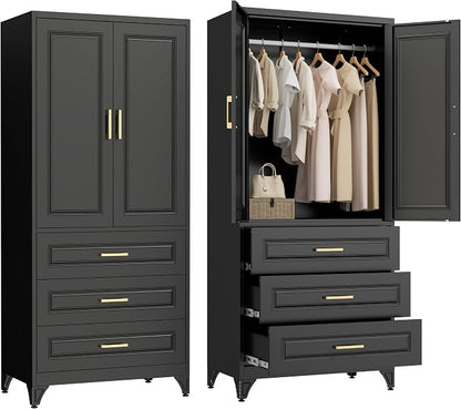 Metal Armoire Wardrobe Closet, 3 Drawers Clothes Storage Cabinet | Metal Wardrobe Cabinet with Doors, Hanging Rod, 71"Tall Black Armoires, Closet for Bedroom, Bathroom, Gym