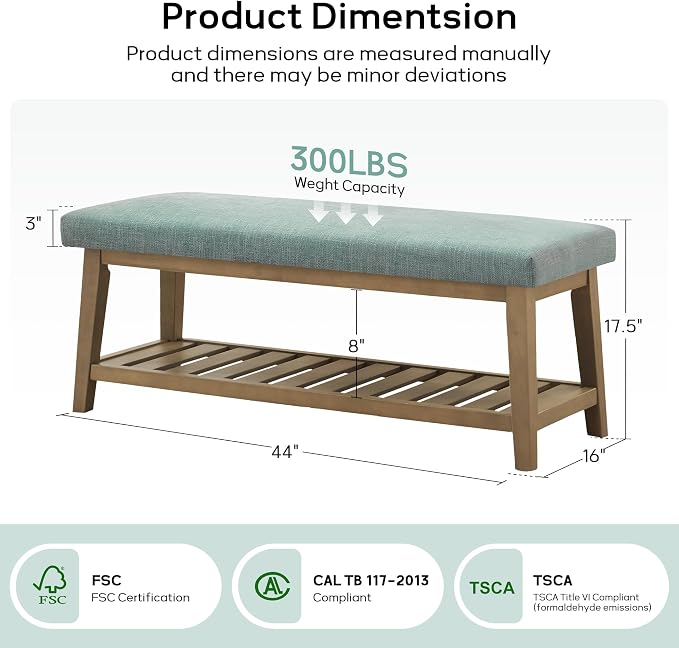 Entryway Bench with Cushion, Upholstered Shoe Rack Bench with Solid Wood Shelf, 44" End of Bed Bench for Bedroom, Chenille Fabric Storage Bench for Entryway, Hallway, Living Room (Teal)