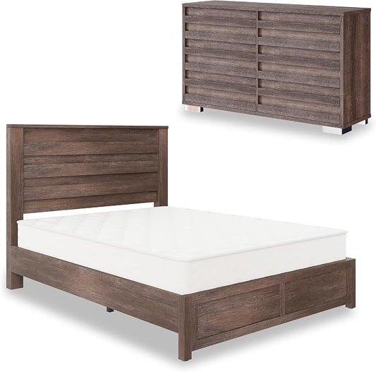 AMERLIFE 2-Piece Farmhouse Bedroom Set, Queen Size Bed Frame and 6 Drawer Dresser, Platform Bed with 49" Fluted Headboard, 54" Wide Wood Chest of Drawer for Bedroom, Grey