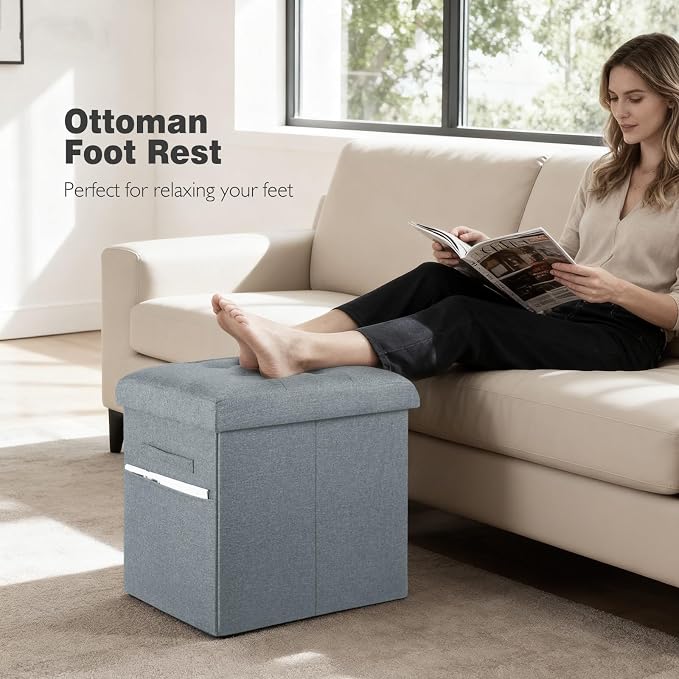 Ottoman with Storage, 61L Slim Tall Linen Footstool Bench with Thicker Foam Padded Seat. Ottoman Foot Rest for Living Room, Bedroom, Coffee Table. 350lbs Load Capacity, 17x13x17in, Light Gray