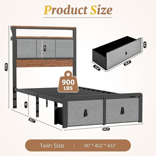 Upholstered Twin Bed Frame with 2-Tier Storage Headboard, Metal Platform Bed with Charging Station, Twin Size Bed Frame with 2 Under Bed Storage Drawers, No Box Spring Needed, Noise-Free