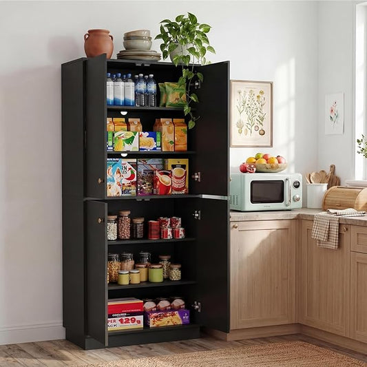 Garvee Kitchen Pantry Cabinet, 68'' Pantry Storage Cabinet with 4 Doors and 4 Adjustable Shelves, Wooden Freestanding Cupboard for Kitchen, Dining Room and Living Room, Black