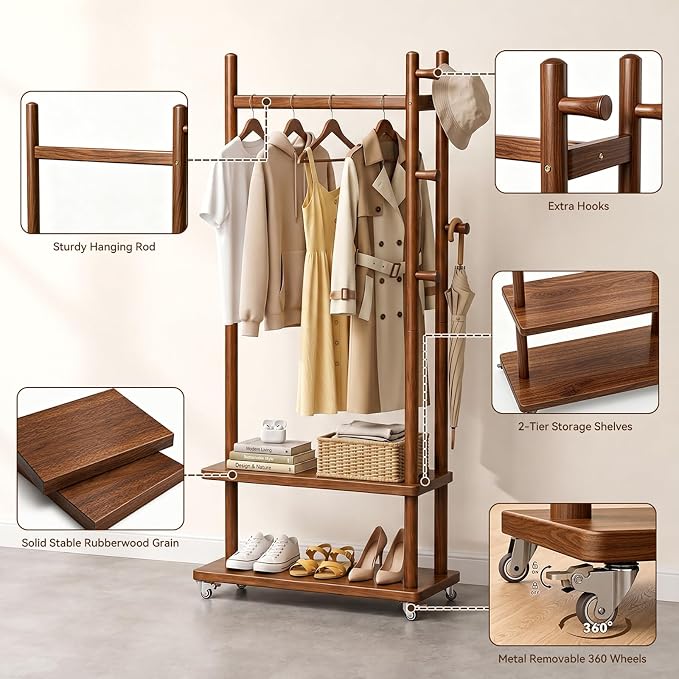 Solid Wood Coat Rack Freestanding, Coat Rack Stand with 2 Shelves & 4 Hooks, Coat Tree for Entryway, Hallway, Bedroom, Living Room, Office - Clothing Rack for Coats, Hats, Bags (Walnut-L-Wheel)