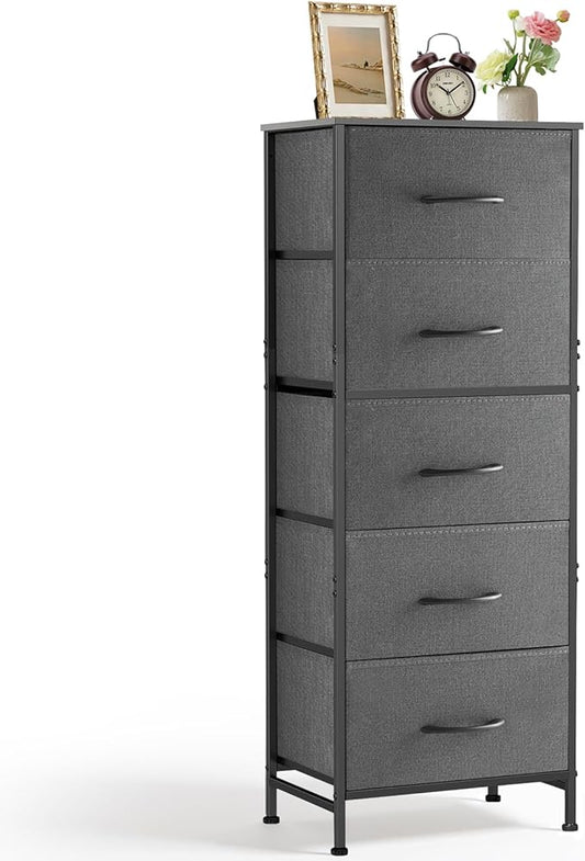 5 Drawers Dresser for Bedroom, Fabric Storage Tower Organizer with Wooden Top and Steel Frame, Tall Chest of Drawers for Closet, Entryway, Dorm, Gray