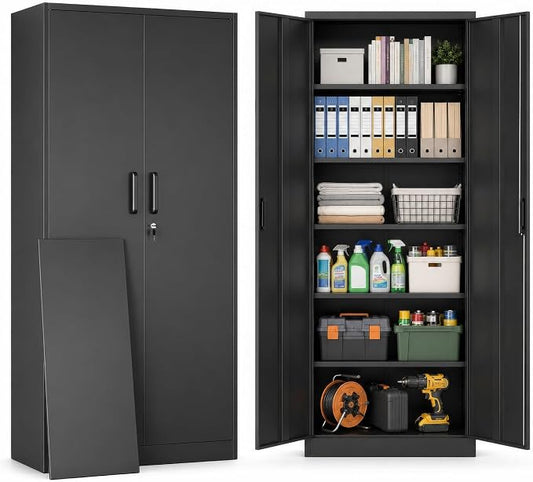 71" Black Metal Storage Cabinet with Lock & Adjustable Shelves - Heavy Duty Garage, Pantry & Office Cabinet with Adjustable Feet, 4 Shelves & Doors for Home Organization