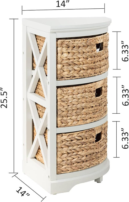 eHemco Hampton Meadows 3-Tier End Table, White, 14 x 14 x 25.5 Inch | 3 Wicker Baskets