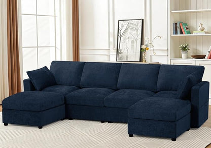 110” Chenille 4-Seats Sofa W/Two Movable Ottomans, Blue | Modern Fabric U-Shaped Couch w/Soft Backrests, Upholstered Sectional Sofa w/Arm Pillows for Living Room, Office