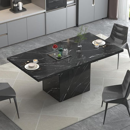 HSH 55 inch Dining Room Table for 4, Modern Black Faux Marble Dining Table, Rectangle Kitchen Table with Heavy Duty Pedestal, Industrial Wood Dinner Desk for Home Living Room, Black Marble, 55 Inch